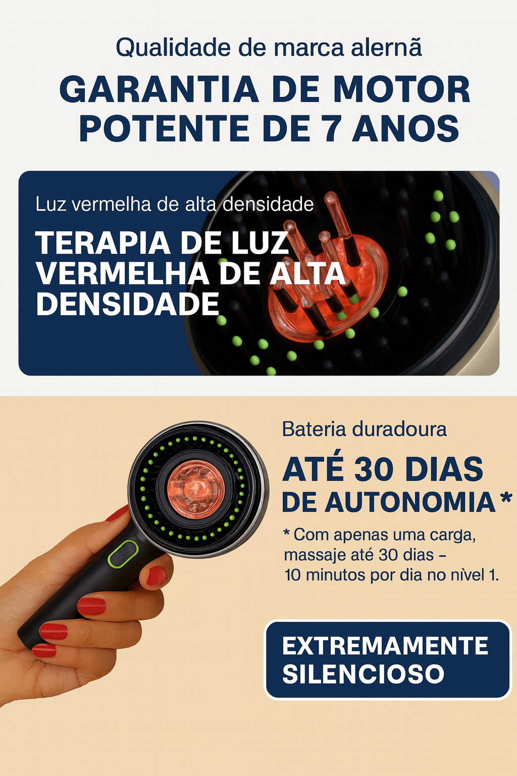 Massajador para couro cabeludo com luz vermelha